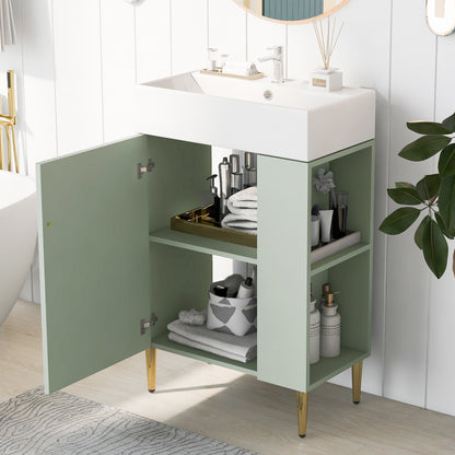 21.6" Bathroom Vanity with Sink, Slim Freestanding Bathroom Vanity Cabinet with Ceramic Sink & Overflow, Gold Metal Legs, Soft Close Door, for Small Bathroom,,Green