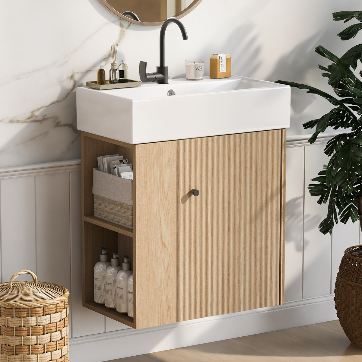 21.6" Floating Bathroom Vanity with Sink, Slim Wall Mounted Bathroom Vanity with Ceramic Basin & Overflow, Wave Pattern Door with Rose Gold Handle, Soft Close Door,Wood