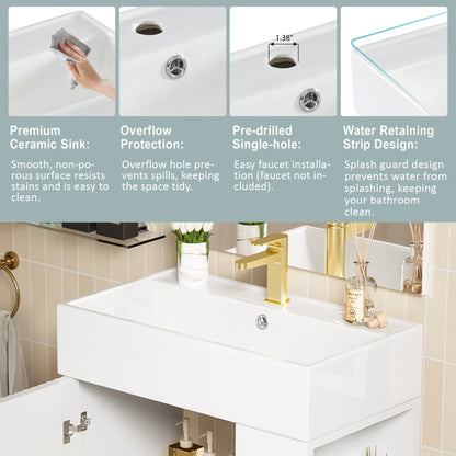 21.6" Bathroom Vanity with Sink, Slim Freestanding Bathroom Vanity Cabinet with Ceramic Sink & Overflow, Gold Metal Legs, Soft Close Door, for Small Bathroom,,White