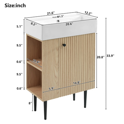 21.6" Bathroom Vanity with Sink, Slim Freestanding Bathroom Vanity Cabinet with Ceramic Sink & Overflow, Gold Metal Legs, Soft Close Door, for Small Bathroom,,Wood