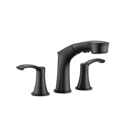 Bathroom Widespread Three Hole Pull-out Sink Faucet Matte Black Two Handles With Pop-up Drain W1224P185045