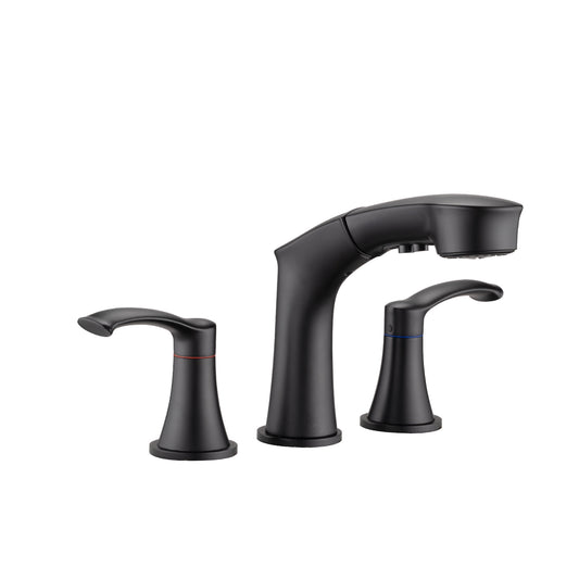Bathroom Widespread Three Hole Pull-out Sink Faucet Matte Black Two Handles With Pop-up Drain W1224P185045