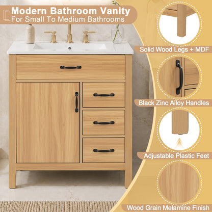 30" Bathroom Vanity with Sink, Bathroom Vanity with Tip-Out Drawer & 3 Drawers, Door Storage Rack, Ceramic Sink, Soft Close Slides, Black Handles,Acacia Wood
