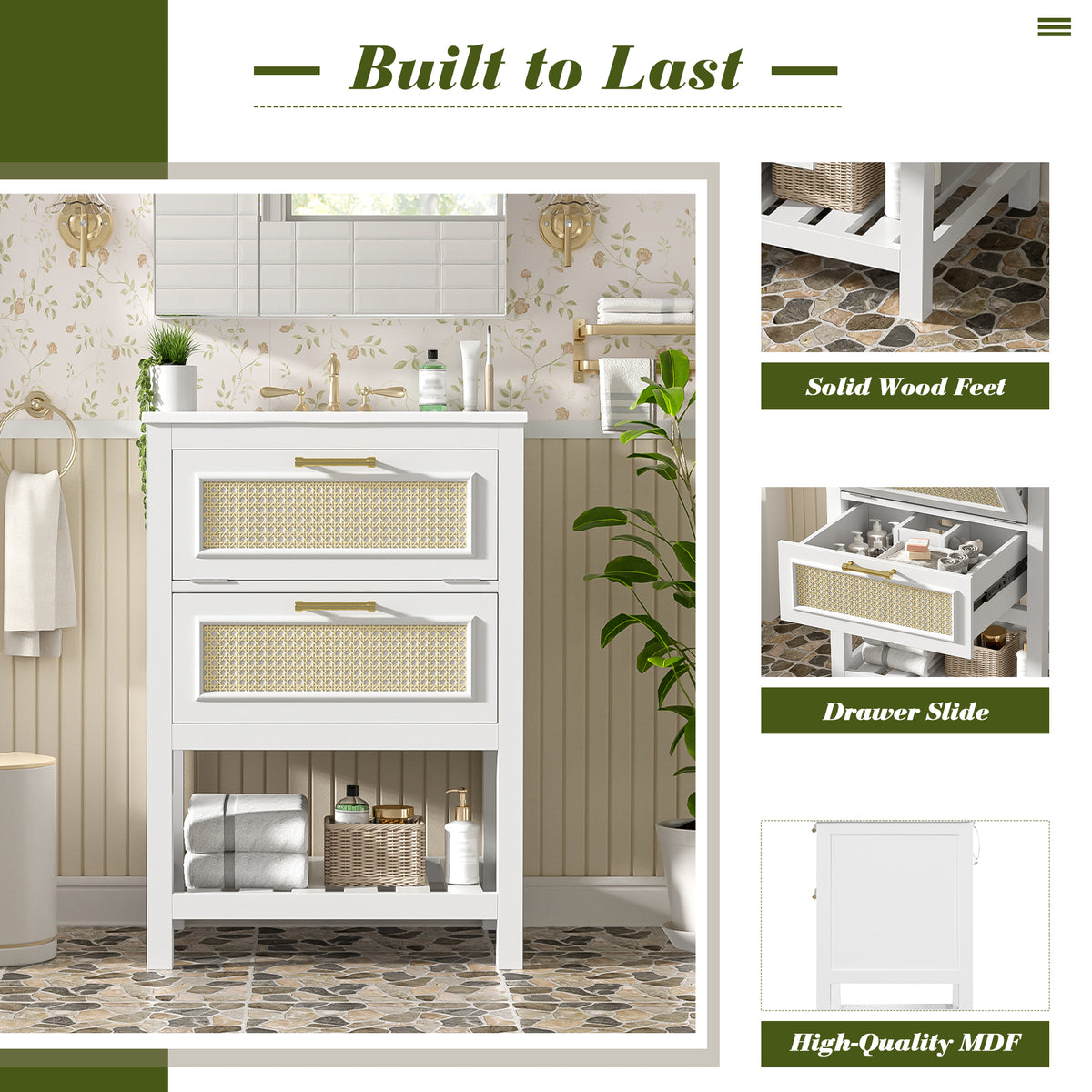 24" Bathroom Vanity with Sink, Modern Bathroom Vanity with Tip-Out Drawer & Ceramic Sink for 4" Centerset Faucet, Solid Wood Feet, Soft Close,White