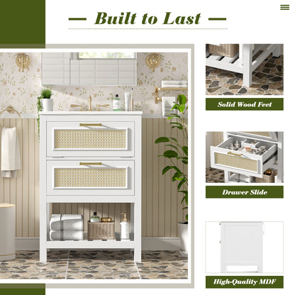 24" Bathroom Vanity with Sink, Modern Bathroom Vanity with Tip-Out Drawer & Ceramic Sink for 4" Centerset Faucet, Solid Wood Feet, Soft Close,White