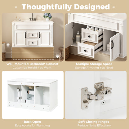 36" Floating Bathroom Vanity with Sink, Wall Mounted French Style Vanity with Stripe Carvings & Ceramic Sink for 4" Faucet, Overflow, Soft Close Door,White