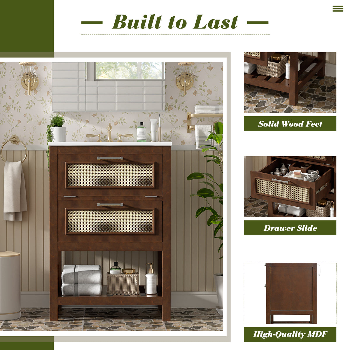 24" Bathroom Vanity with Sink, Modern Bathroom Vanity with Tip-Out Drawer & Ceramic Sink for 4" Centerset Faucet, Solid Wood Feet, Soft Close,Dark Brown