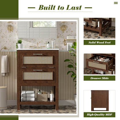 24" Bathroom Vanity with Sink, Modern Bathroom Vanity with Tip-Out Drawer & Ceramic Sink for 4" Centerset Faucet, Solid Wood Feet, Soft Close,Dark Brown