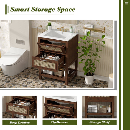 24" Bathroom Vanity with Sink, Modern Bathroom Vanity with Tip-Out Drawer & Ceramic Sink for 4" Centerset Faucet, Solid Wood Feet, Soft Close,Dark Brown