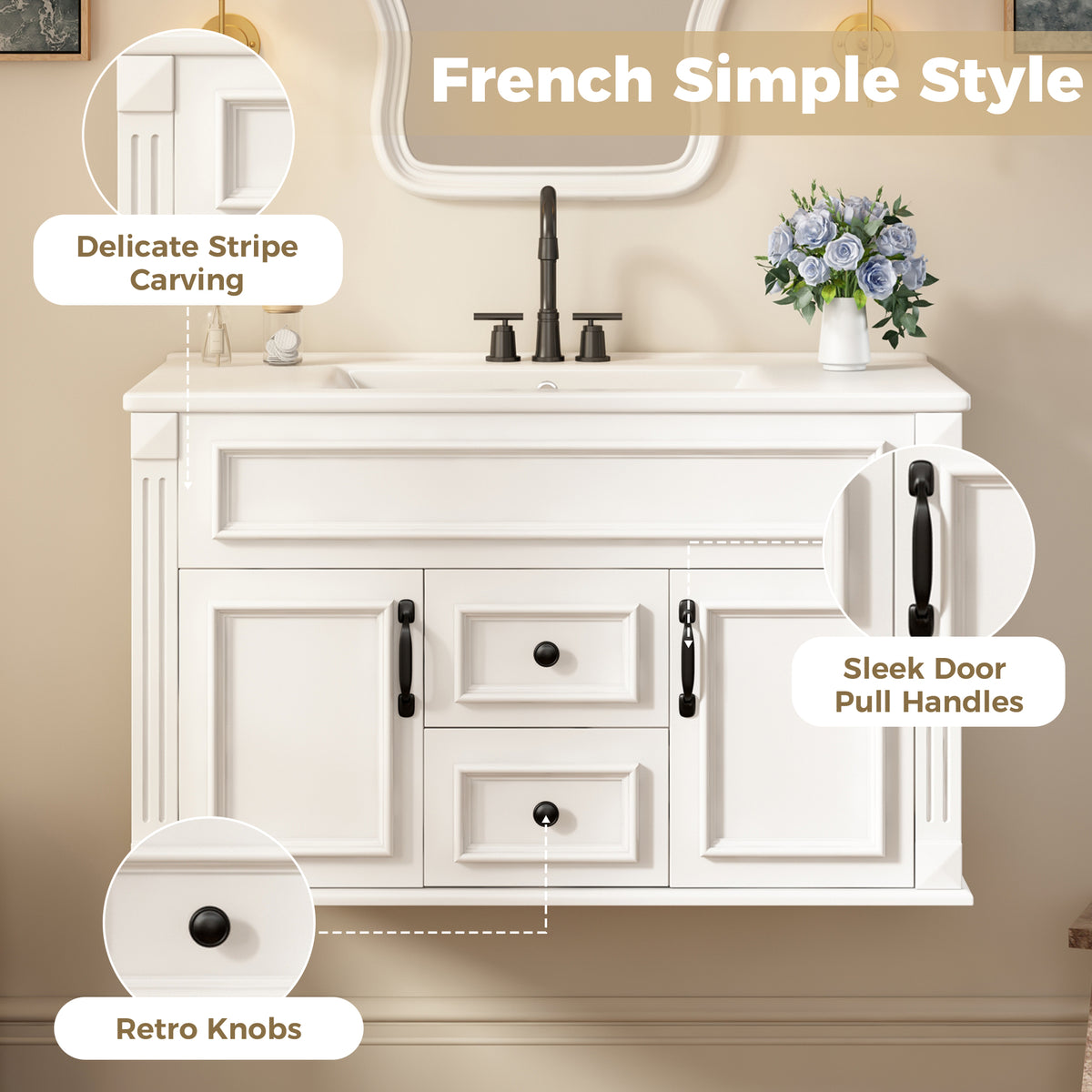 36" Floating Bathroom Vanity with Sink, Wall Mounted French Style Vanity with Stripe Carvings & Ceramic Sink for 4" Faucet, Overflow, Soft Close Door,White
