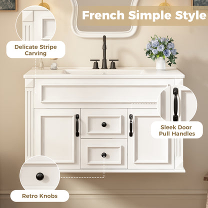 36" Floating Bathroom Vanity with Sink, Wall Mounted French Style Vanity with Stripe Carvings & Ceramic Sink for 4" Faucet, Overflow, Soft Close Door,White