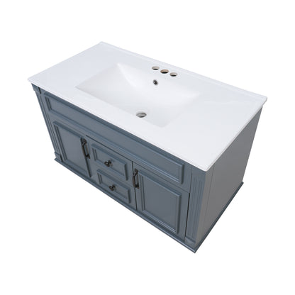 36" Floating Bathroom Vanity with Sink, Wall Mounted French Style Vanity with Stripe Carvings & Ceramic Sink for 4" Faucet, Overflow, Soft Close Door,Blue