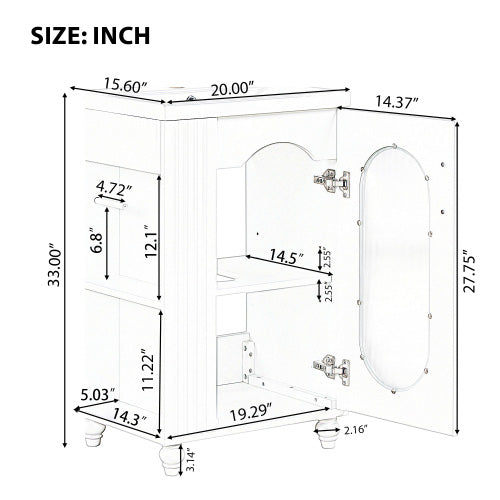 20" Bathroom Vanity with Sink, Small Bathroom Vanity Cabinet with 2-Tier Side Shelf & Toilet Paper Holder, Adjustable Shelf, Ceramic Sink Basin。White