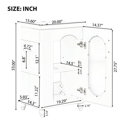 20" Bathroom Vanity with Sink, Small Bathroom Vanity Cabinet with 2-Tier Side Shelf & Toilet Paper Holder, Adjustable Shelf, Ceramic Sink Basin。White