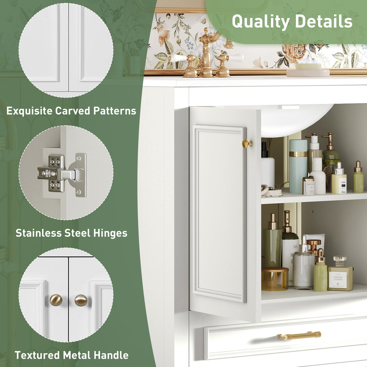 30" Bathroom Vanity with Sink, Traditional Bathroom Vanity with Carved Detail & Solid Wood Frame, Double Doors & Drawer, Ceramic Sink with Overflow,White