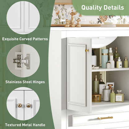 30" Bathroom Vanity with Sink, Traditional Bathroom Vanity with Carved Detail & Solid Wood Frame, Double Doors & Drawer, Ceramic Sink with Overflow,White