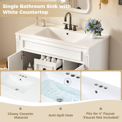 36" Floating Bathroom Vanity with Sink, Wall Mounted French Style Vanity with Stripe Carvings & Ceramic Sink for 4" Faucet, Overflow, Soft Close Door,White