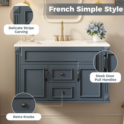 36" Floating Bathroom Vanity with Sink, Wall Mounted French Style Vanity with Stripe Carvings & Ceramic Sink for 4" Faucet, Overflow, Soft Close Door,Blue