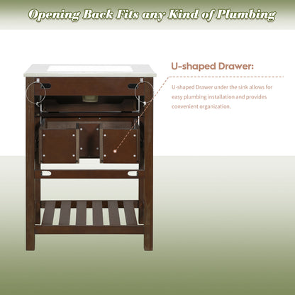 24" Bathroom Vanity with Sink, Modern Bathroom Vanity with Tip-Out Drawer & Ceramic Sink for 4" Centerset Faucet, Solid Wood Feet, Soft Close,Dark Brown