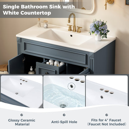 36" Floating Bathroom Vanity with Sink, Wall Mounted French Style Vanity with Stripe Carvings & Ceramic Sink for 4" Faucet, Overflow, Soft Close Door,Blue