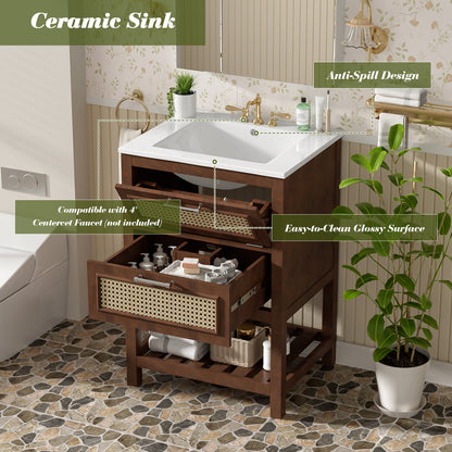 24" Bathroom Vanity with Sink, Modern Bathroom Vanity with Tip-Out Drawer & Ceramic Sink for 4" Centerset Faucet, Solid Wood Feet, Soft Close,Dark Brown