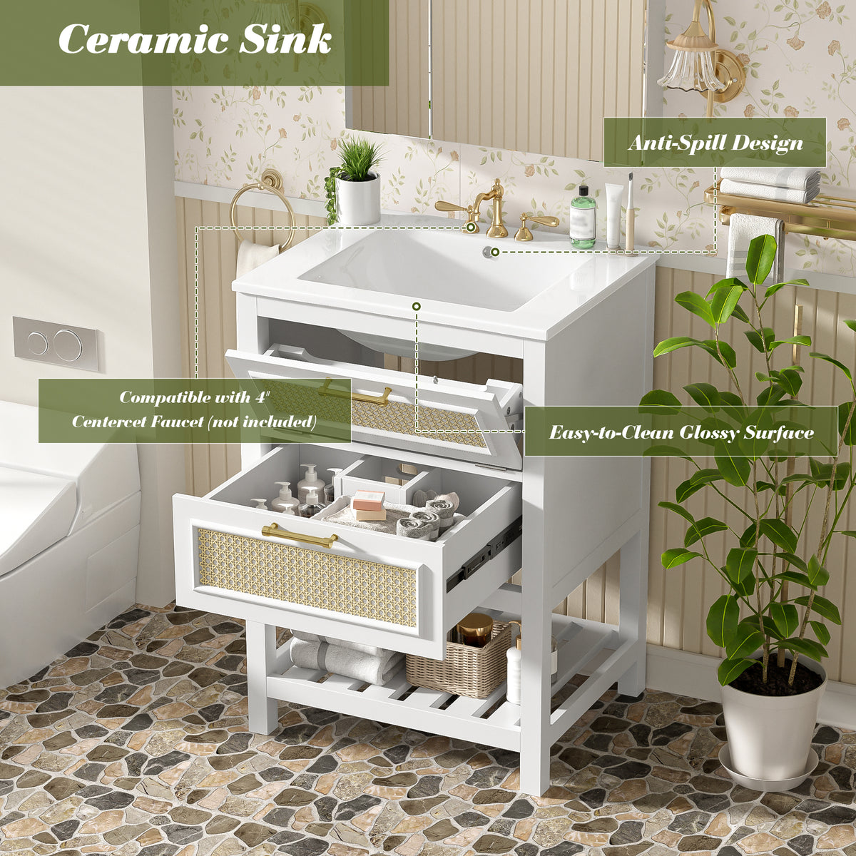 24" Bathroom Vanity with Sink, Modern Bathroom Vanity with Tip-Out Drawer & Ceramic Sink for 4" Centerset Faucet, Solid Wood Feet, Soft Close,White