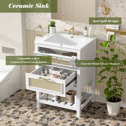 24" Bathroom Vanity with Sink, Modern Bathroom Vanity with Tip-Out Drawer & Ceramic Sink for 4" Centerset Faucet, Solid Wood Feet, Soft Close,White