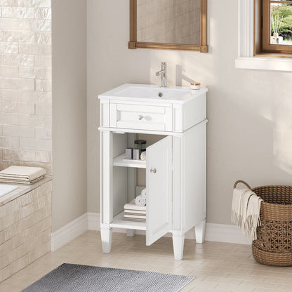18" Bathroom Vanity with Sink, French Style Small Bathroom Vanity, Freestanding Wood Vanity Cabinet with Ceramic Sink Basin, Soft Close Door & U-Shaped Shelf,White