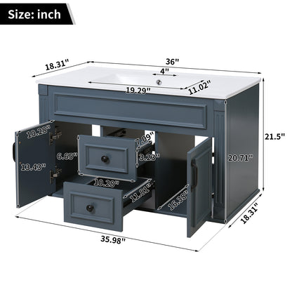 36" Floating Bathroom Vanity with Sink, Wall Mounted French Style Vanity with Stripe Carvings & Ceramic Sink for 4" Faucet, Overflow, Soft Close Door,Blue