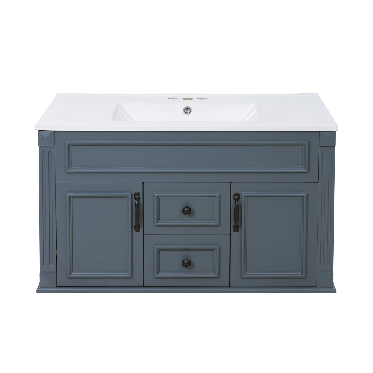36" Floating Bathroom Vanity with Sink, Wall Mounted French Style Vanity with Stripe Carvings & Ceramic Sink for 4" Faucet, Overflow, Soft Close Door,Blue