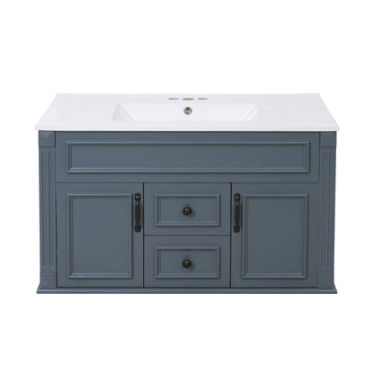 36" Floating Bathroom Vanity with Sink, Wall Mounted French Style Vanity with Stripe Carvings & Ceramic Sink for 4" Faucet, Overflow, Soft Close Door,Blue