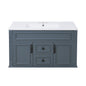 36" Floating Bathroom Vanity with Sink, Wall Mounted French Style Vanity with Stripe Carvings & Ceramic Sink for 4" Faucet, Overflow, Soft Close Door,Blue