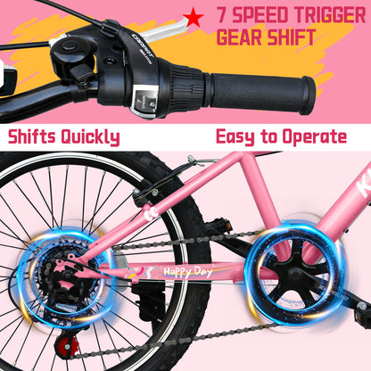 20 Inch Kids Mountain Bike, 7-Speed Drivetrain, Front Suspension, Durable Steel Frame, Bicycle for Boys & Girls Ages 6-10, Pink, 85% Pre-Assembled