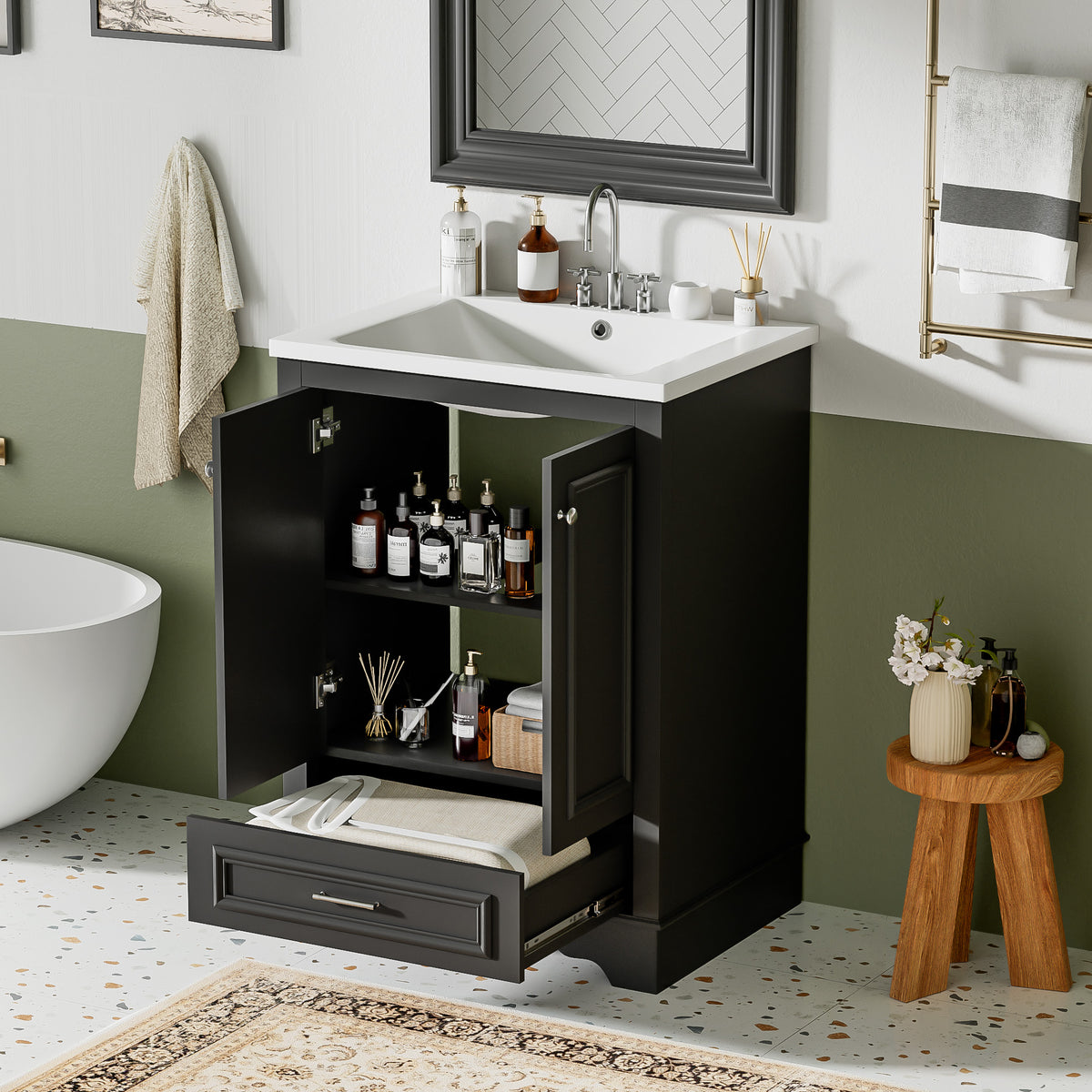 24" Bathroom Vanity with Sink, Modern Bathroom Vanity with White Ceramic Sink & Drawer, 3-Level Adjustable Shelf, Solid Wood Frame, for Small Bathroom,Black