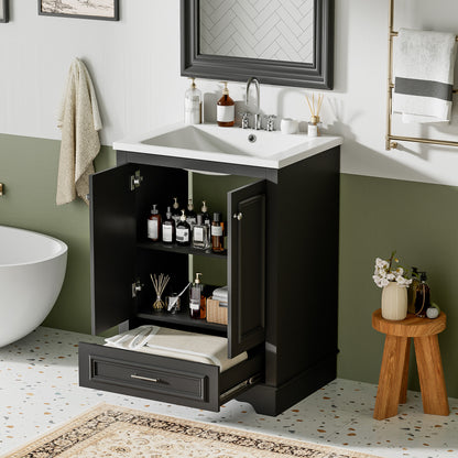 24" Bathroom Vanity with Sink, Modern Bathroom Vanity with White Ceramic Sink & Drawer, 3-Level Adjustable Shelf, Solid Wood Frame, for Small Bathroom,Black
