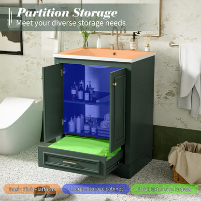 24" Bathroom Vanity with Sink, Modern Bathroom Vanity with White Ceramic Sink & Drawer, 3-Level Adjustable Shelf, Solid Wood Frame, for Small Bathroom,Green