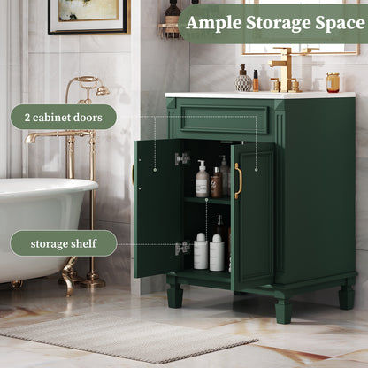 24" Bathroom Vanity with Sink, French Style Bathroom Vanity with Carved Legs & Drawer, Adjustable Shelf, Back Cutout for Plumbing, Soft Close Door,Green