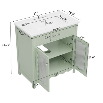 31" Bathroom Vanity with Sink, Modern Bathroom Vanity with Tempered Glass Doors & Deep Ceramic Sink, Soft Close Door, Adjustable Shelf, Curved Design,Green