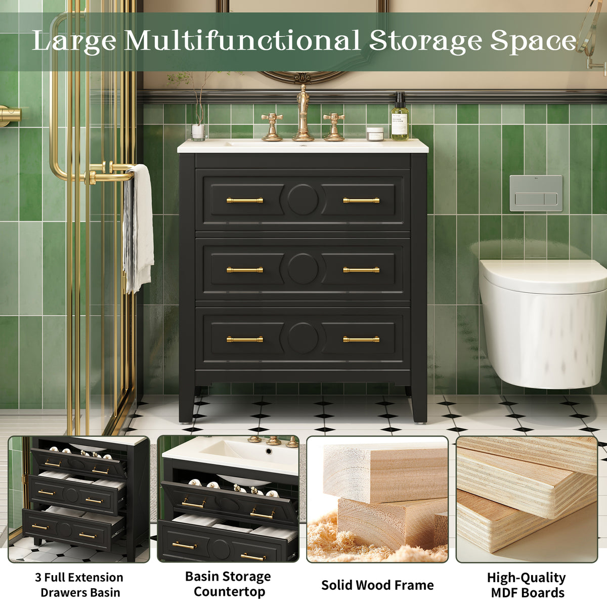 30" Bathroom Vanity with Sink, Black Bathroom Vanity with 3 Drawers & Carved Detail, Ceramic Sink for 4" Centerset Faucet with Overflow, Solid Pine Wood Frame,Black