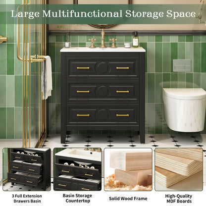 30" Bathroom Vanity with Sink, Black Bathroom Vanity with 3 Drawers & Carved Detail, Ceramic Sink for 4" Centerset Faucet with Overflow, Solid Pine Wood Frame,Black
