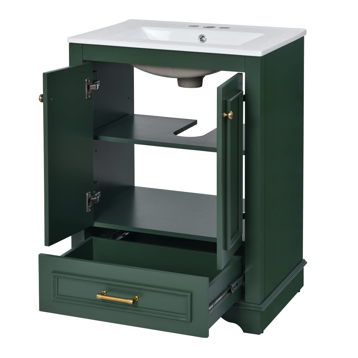 24" Bathroom Vanity with Sink, Modern Bathroom Vanity with White Ceramic Sink & Drawer, 3-Level Adjustable Shelf, Solid Wood Frame, for Small Bathroom,Green