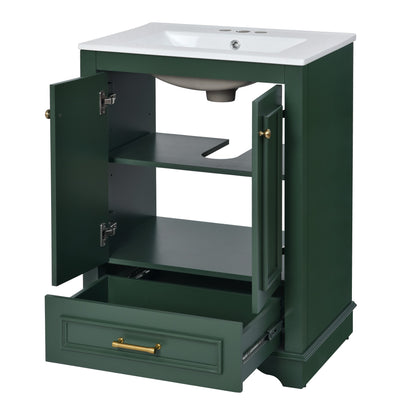 24" Bathroom Vanity with Sink, Modern Bathroom Vanity with White Ceramic Sink & Drawer, 3-Level Adjustable Shelf, Solid Wood Frame, for Small Bathroom,Green