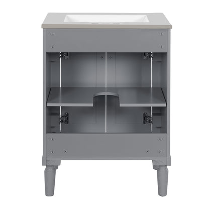24" Bathroom Vanity with Sink, French Style Small Bathroom Vanity with Semi-Circular Column Design, Ceramic Sink with Overflow, Soft Close Door,Grey
