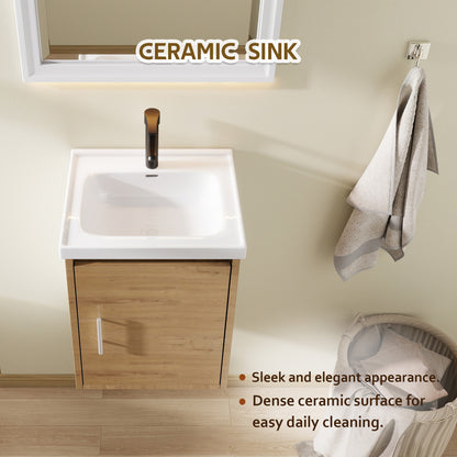 16" Floating Bathroom Vanity with Sink, Modern Wall Mounted Bathroom Vanity with Glossy White Ceramic Sink & Countertop, Soft Close Door, Plywood Storage Cabinet,Oak