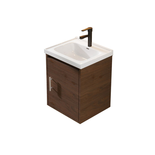 16" Floating Bathroom Vanity with Sink, Modern Wall Mounted Bathroom Vanity with Glossy White Ceramic Sink & Countertop, Soft Close Door, Plywood Storage Cabinet,Brown