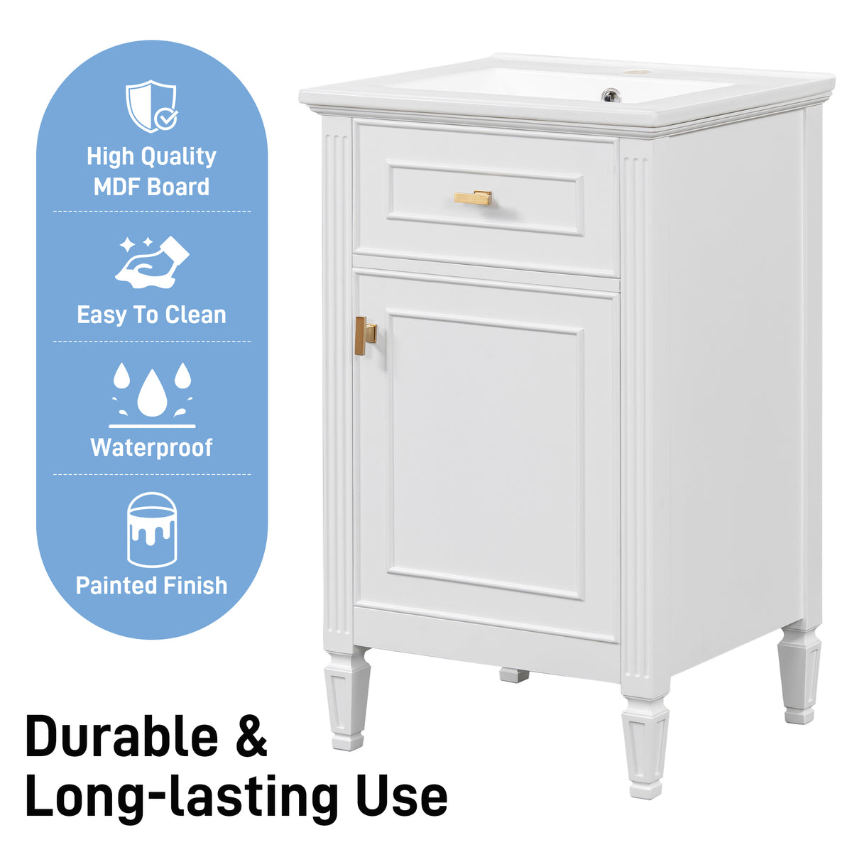 20" Bathroom Vanity with Sink, Small Freestanding Bathroom Vanity Cabinet with Tilt-Out Drawer & Adjustable Shelf, Soft Close Door, Gold Knobs,White