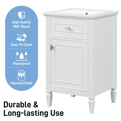20" Bathroom Vanity with Sink, Small Freestanding Bathroom Vanity Cabinet with Tilt-Out Drawer & Adjustable Shelf, Soft Close Door, Gold Knobs,White