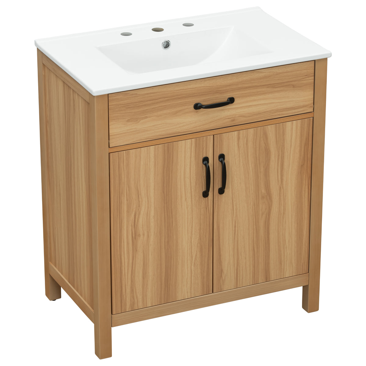 30" Bathroom Vanity with Sink, Modern Bathroom Vanity with Double Door Shelves & U-Shaped Adjustable Shelf, Ceramic Sink with Overflow, Soft Close Door,Acacia Wood