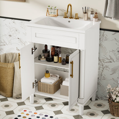 24" Bathroom Vanity with Sink, Modern Bathroom Vanity with Half-Moon Ceramic Sink for 4" Faucet, Adjustable Shelf & Painted Finish, for Small Bathroom,White