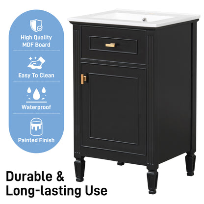20" Bathroom Vanity with Sink, Small Freestanding Bathroom Vanity Cabinet with Tilt-Out Drawer & Adjustable Shelf, Soft Close Door, Gold Knobs,Black